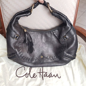 Studded Metallic Grey/Black Suede Leather Hobo Bag